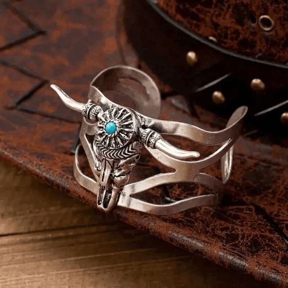 Western Turquoise Bull Head Cuff Bracelet - Picture 5 of 7